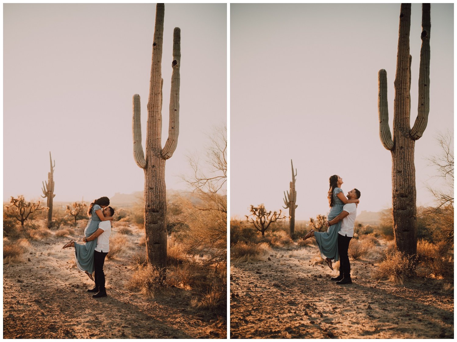 engaged couple posing by a cactus at golden hour at superstition mountains