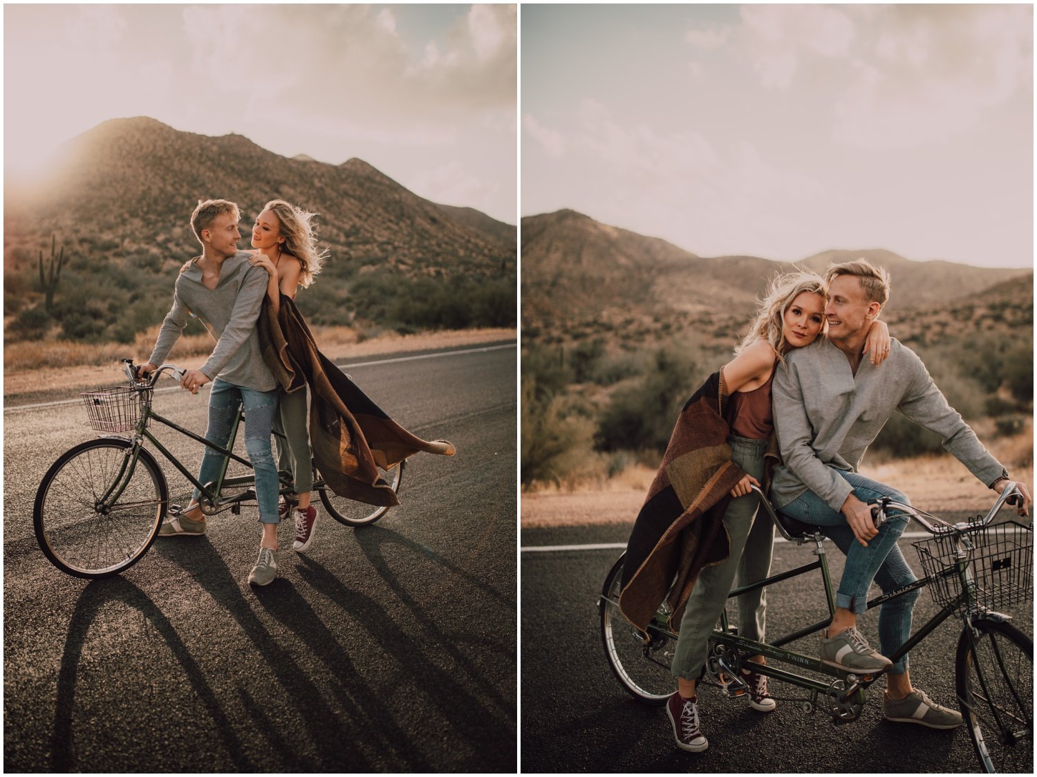 engaged couple riding their tandem bike in the desert