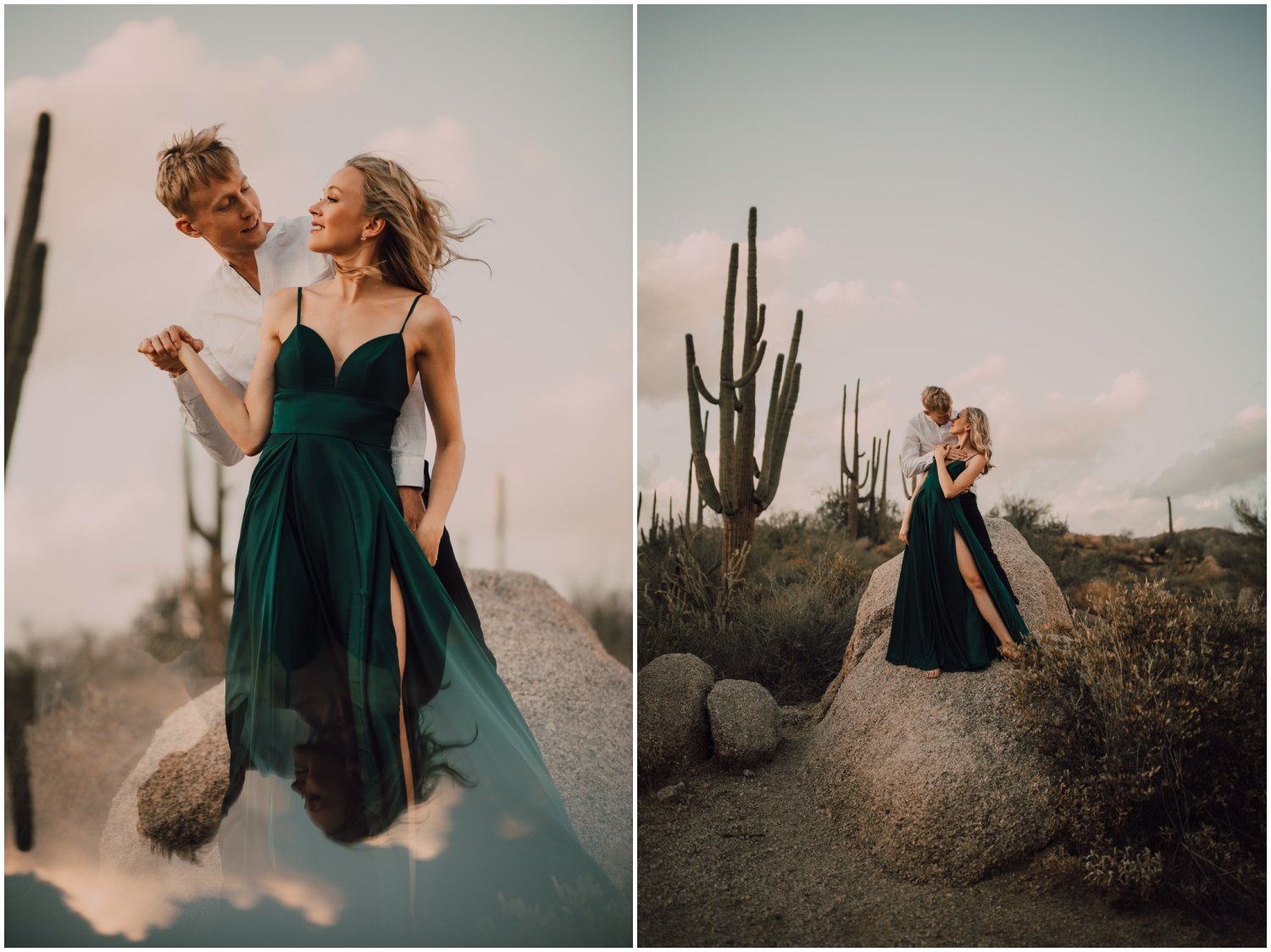 engaged couple engagement session portraits in the desert with long emerald green dress
