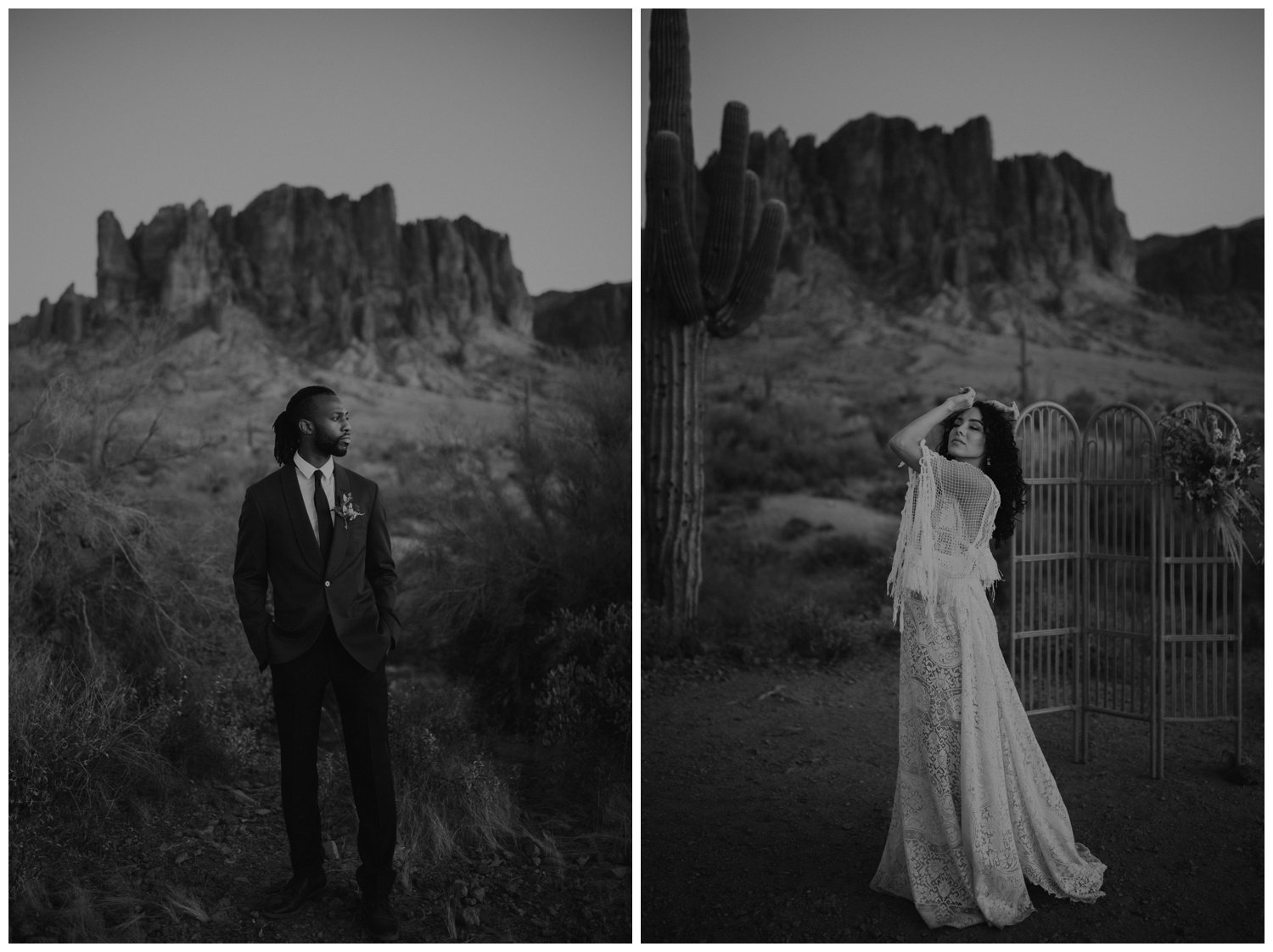 black and white photo of bride and groom in the desert