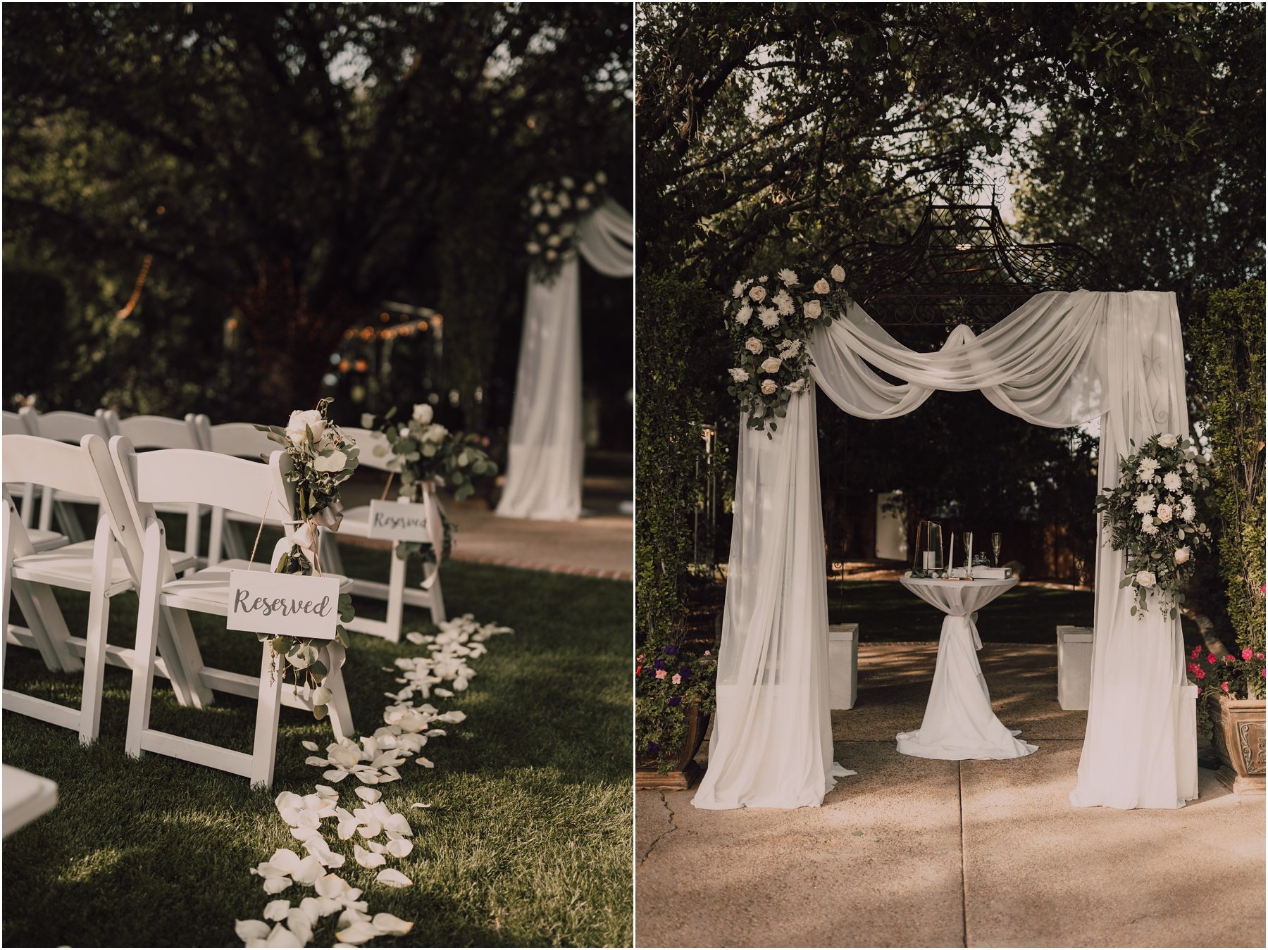 wedding ceremony at stonebridge manor with white flowers and greenery 