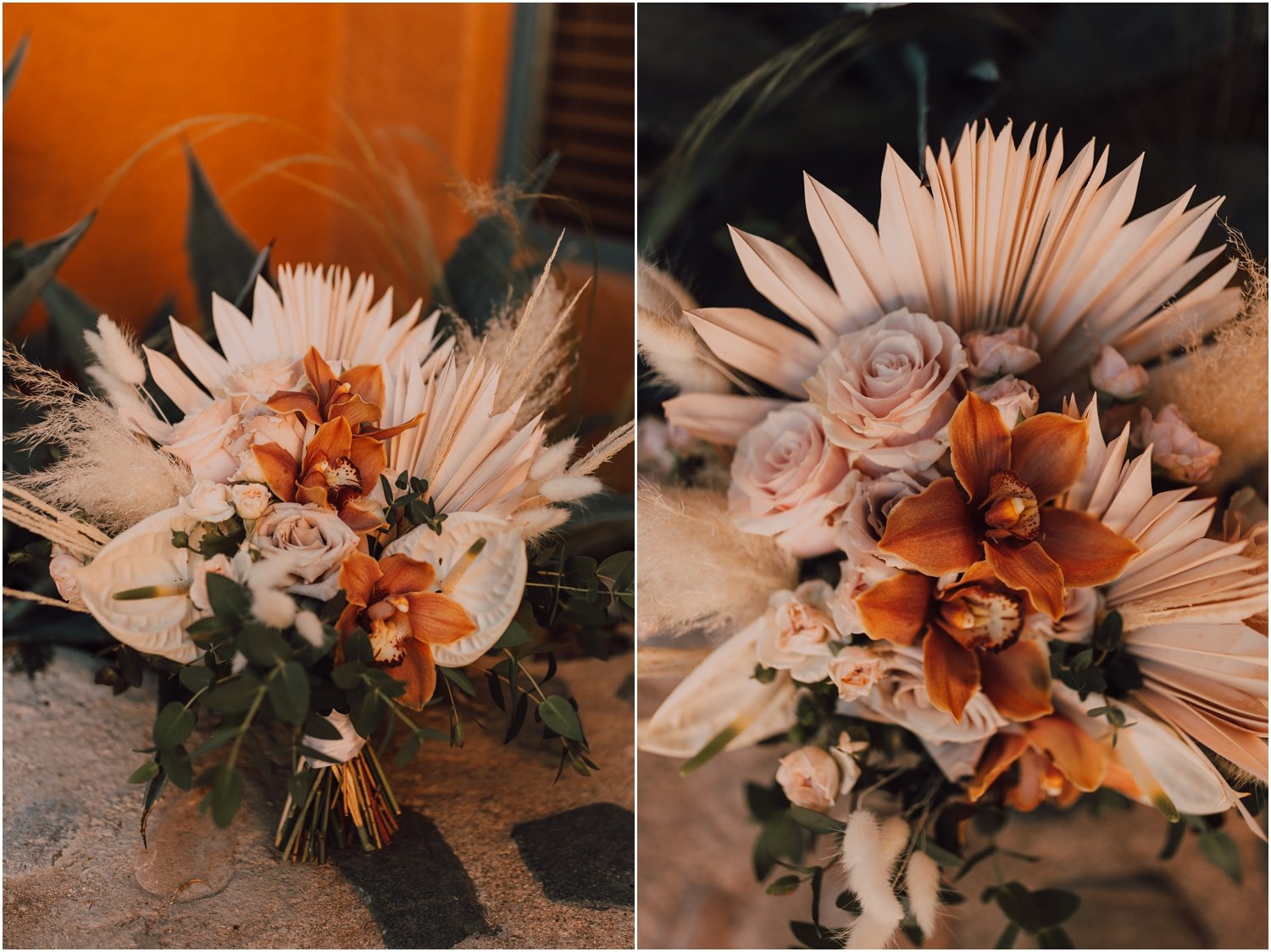 boho bridal bouquet with palms, pampas grass and orange tones