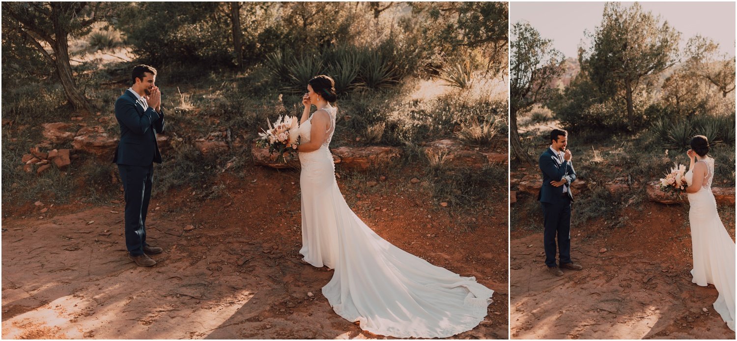 bride and groom first look before elopement at bell rock in sedona