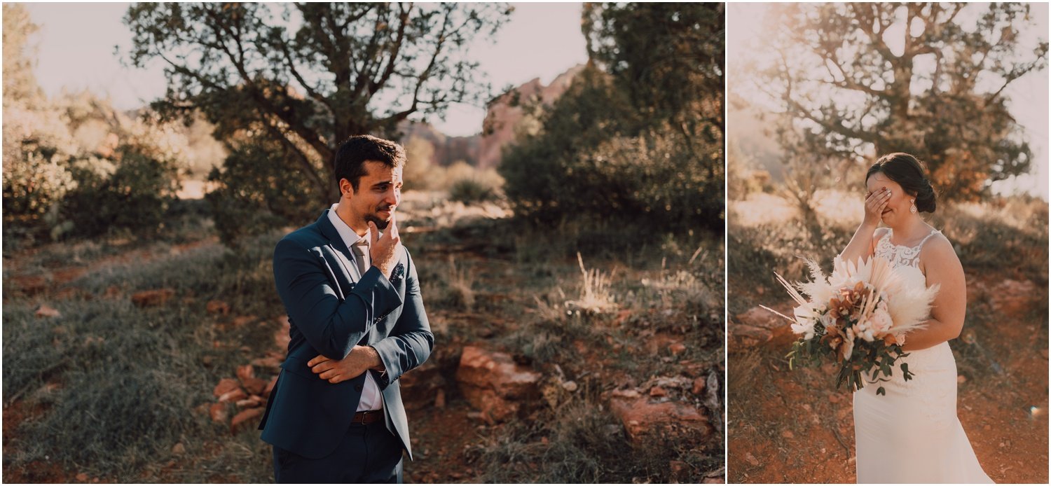 bride and groom first look before elopement at bell rock in sedona