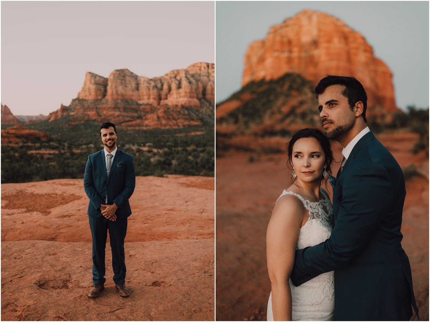 bride and groom portraits at bell rock in sedona