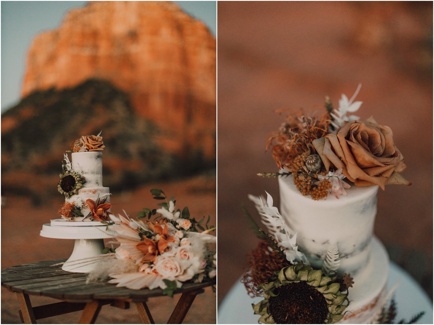 two tier white wedding cake with rust colored flowers at bell rock in sedona