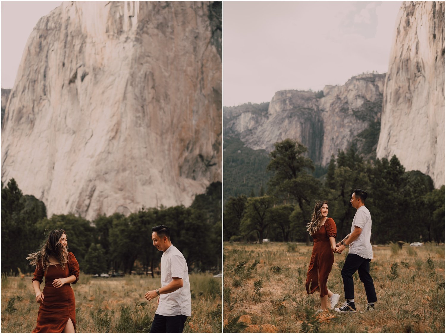 engaged couple taking portraits in El Capitan meadow in Yosemite national park 
