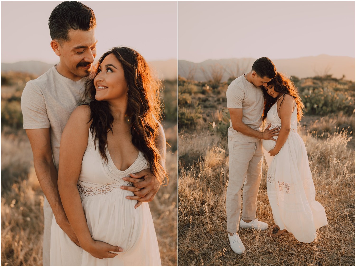 sunset maternity photos with married couple in the desert