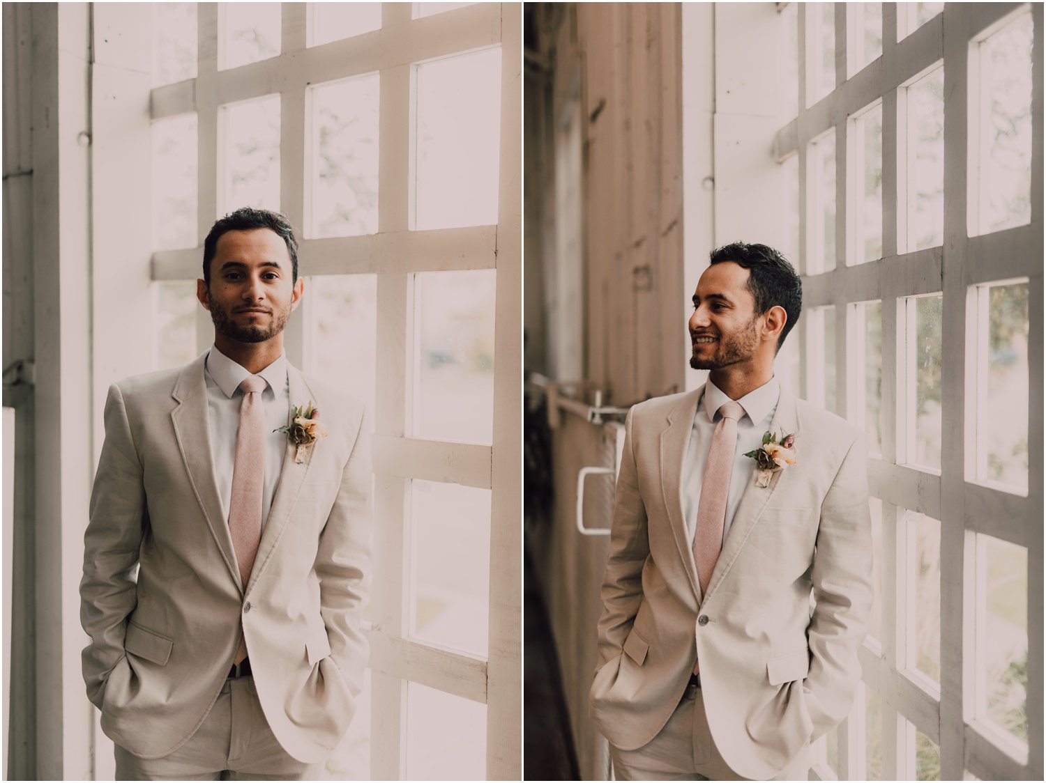 Groom wearing tan suit and blush tie