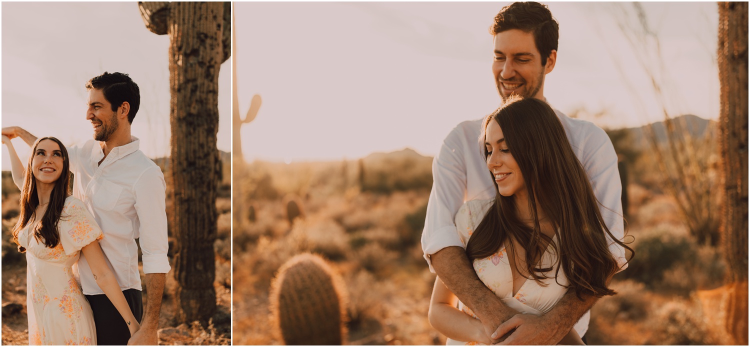 couple taking portraits for their desert engagement session, among cacti at usery park in arizona