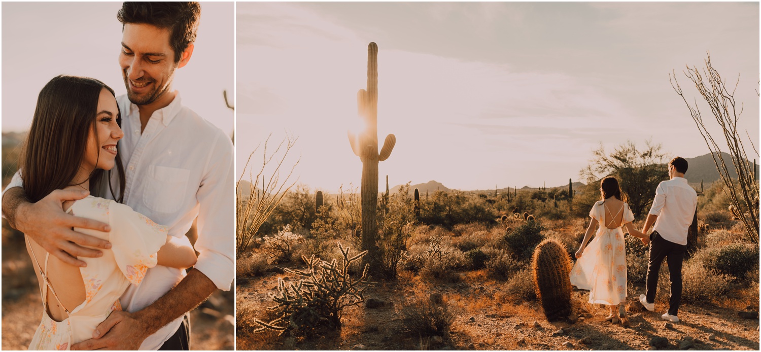 couple taking portraits for their desert engagement session, among cacti at usery park in arizona