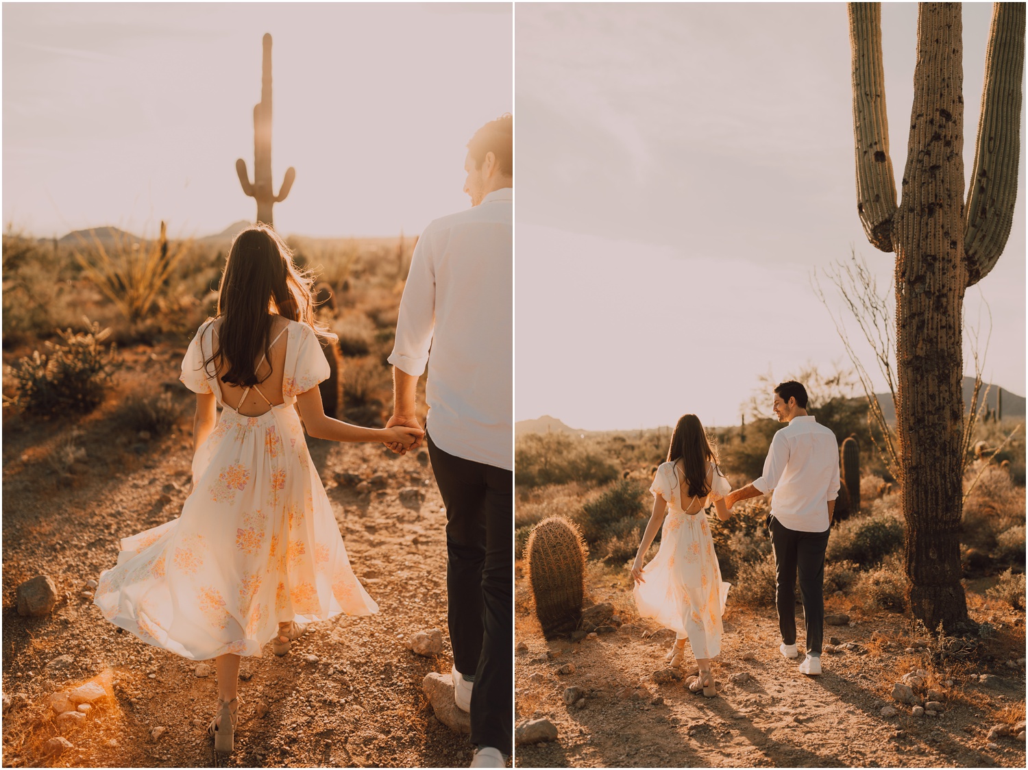 couple taking portraits for their desert engagement session, in golden sunset lighting at usery park in arizona