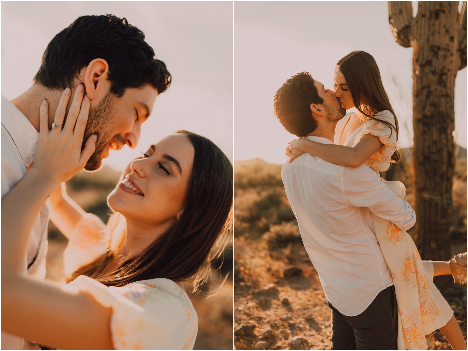 couple taking portraits for their desert engagement session, in golden sunset lighting at usery park in arizona