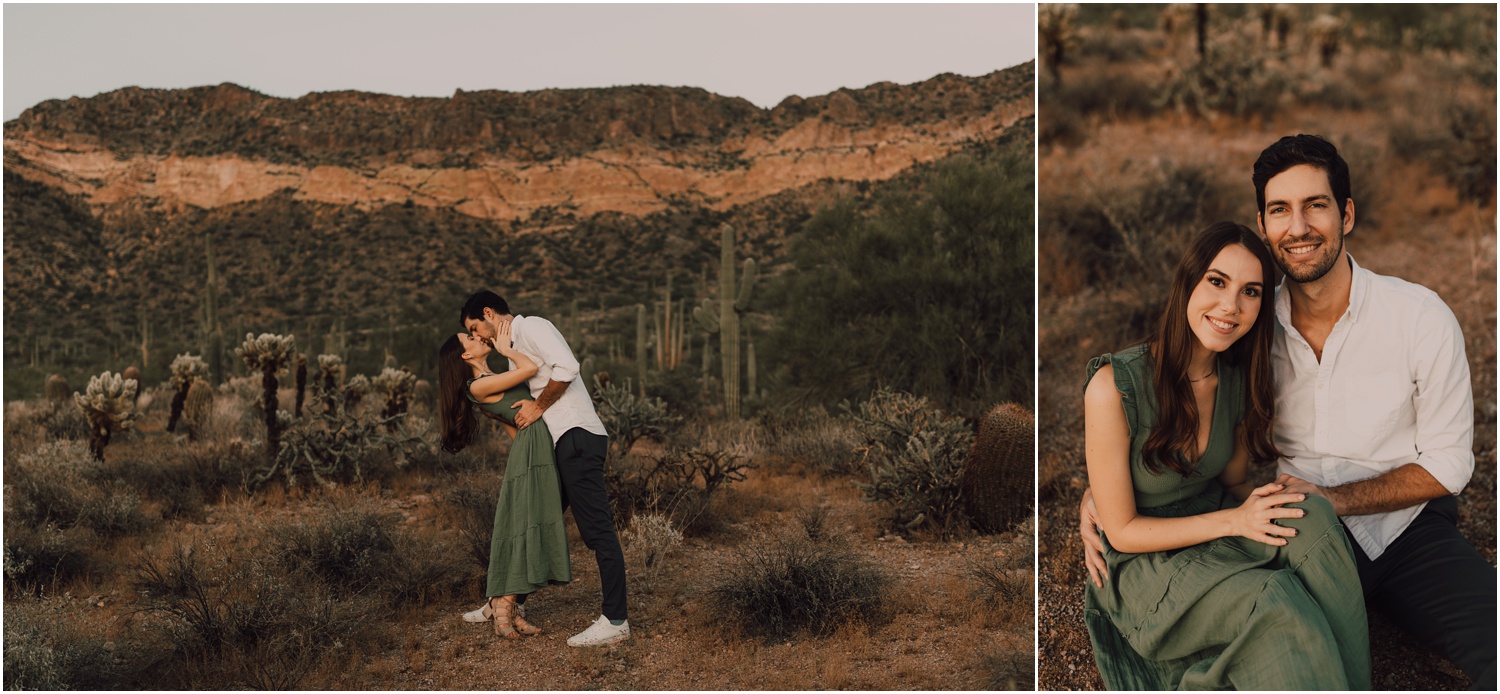 couple taking portraits for their desert engagement session, wearing green and tan posing among cactus
