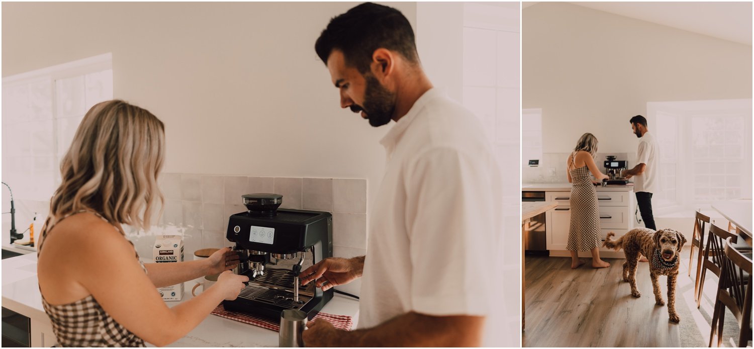 couple making coffee together in their kitchen and taking photos for their in home couples session, captured by Arizona Photographer Riss and Steven