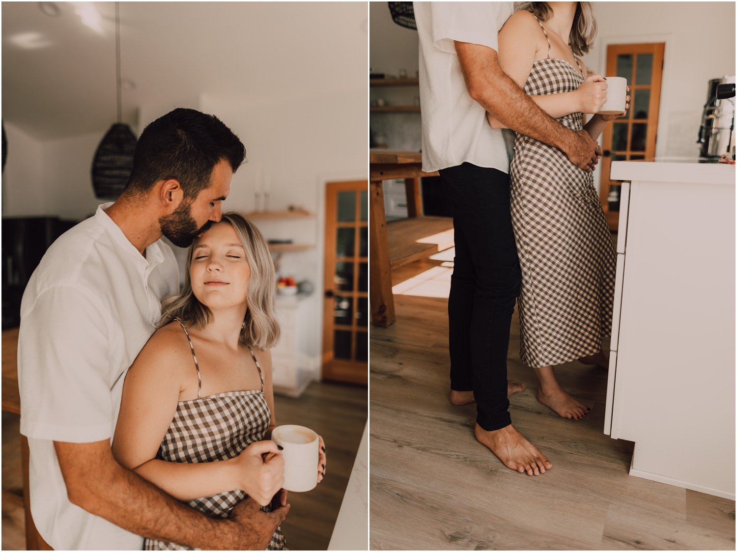couple making coffee together in their kitchen and taking photos for their in home couples session, captured by Arizona Photographer Riss and Steven