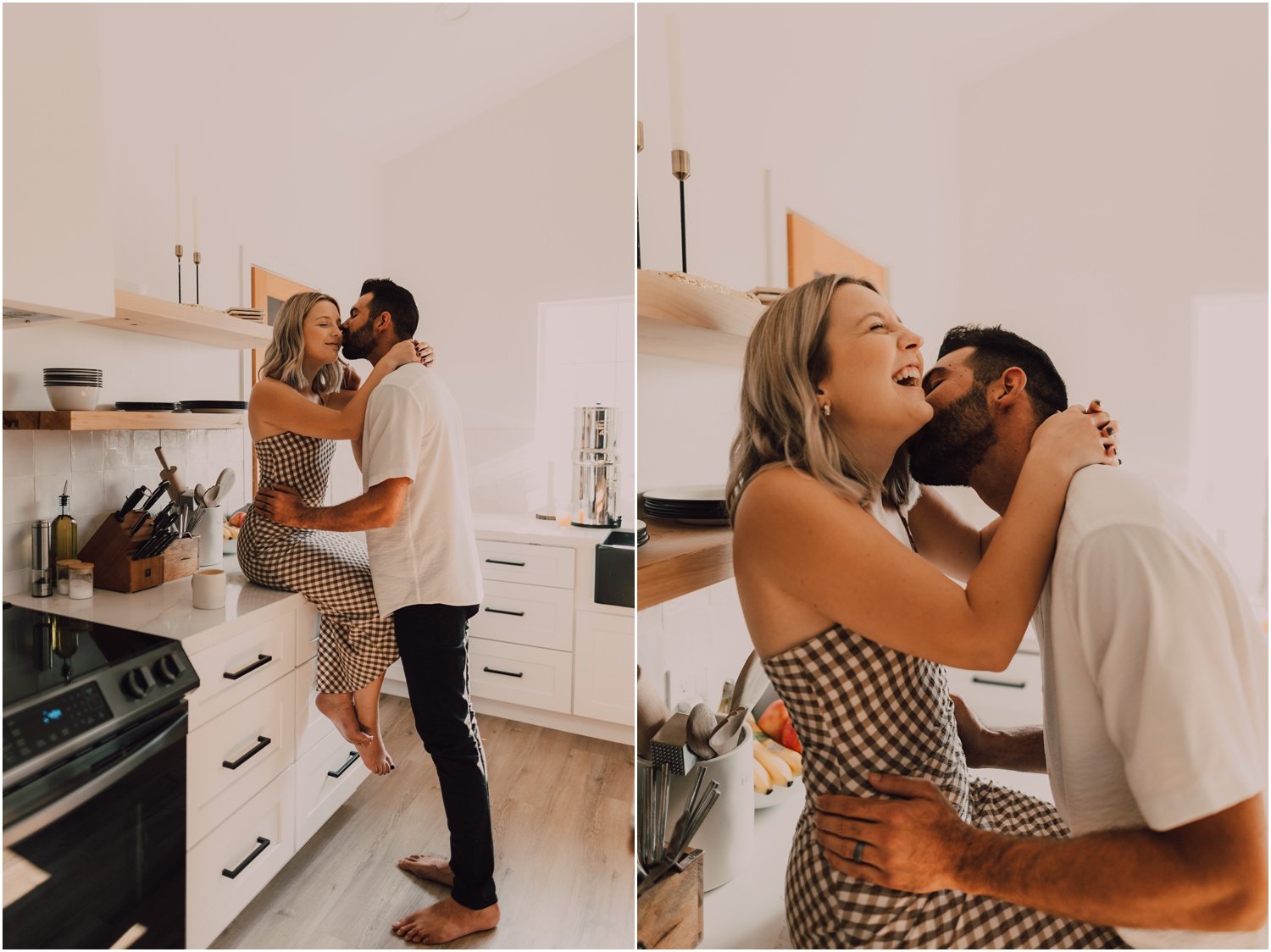 couple kissing and laughing in their kitchen for their in home couples session, captured by Riss and Steven Arizona Photographer