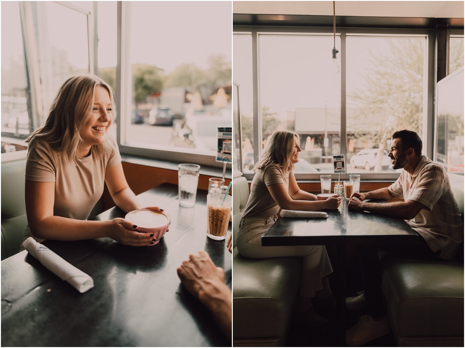photos of couple drinking coffee together on a date at liberty market in gilbert, arizona