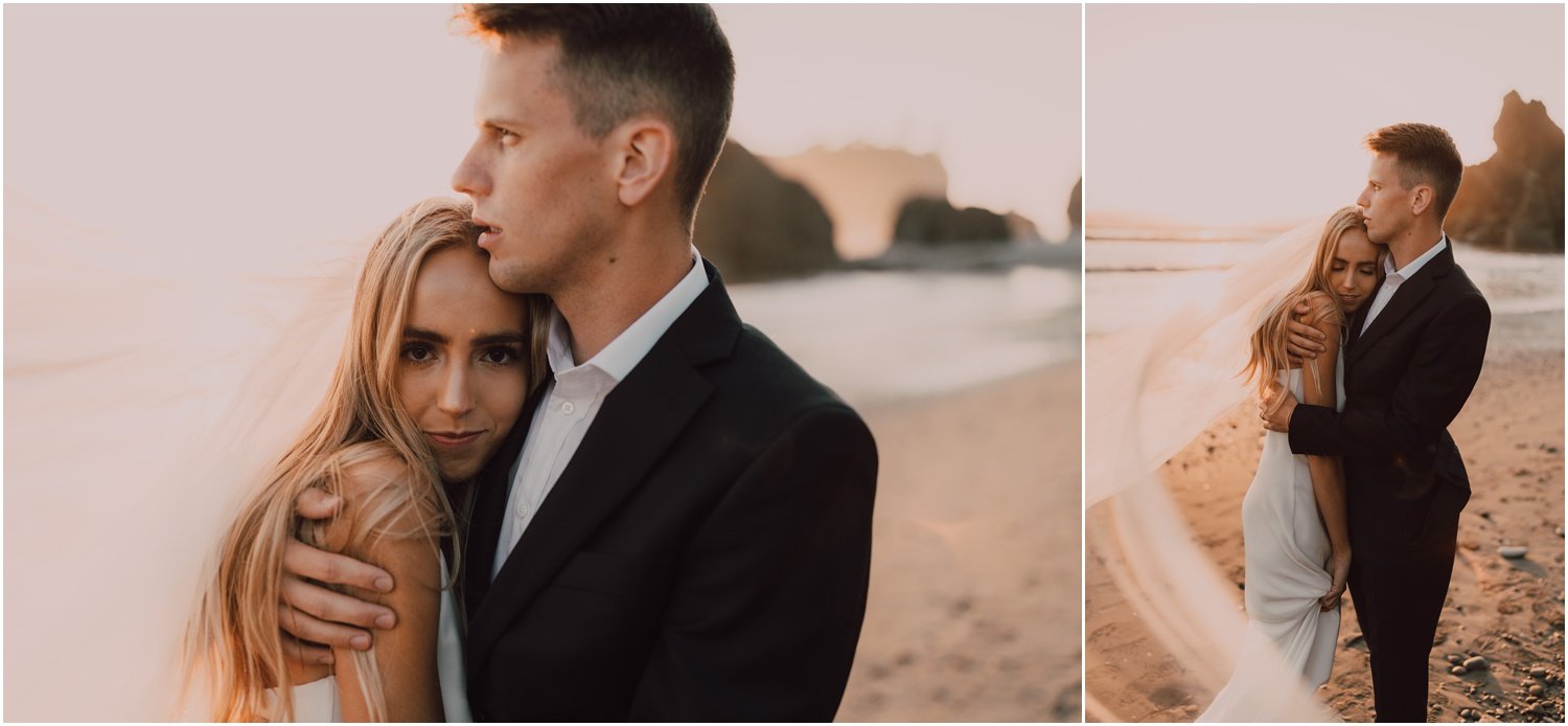 photo of married couple taking portraits for their washington coast bridal session at sunset 