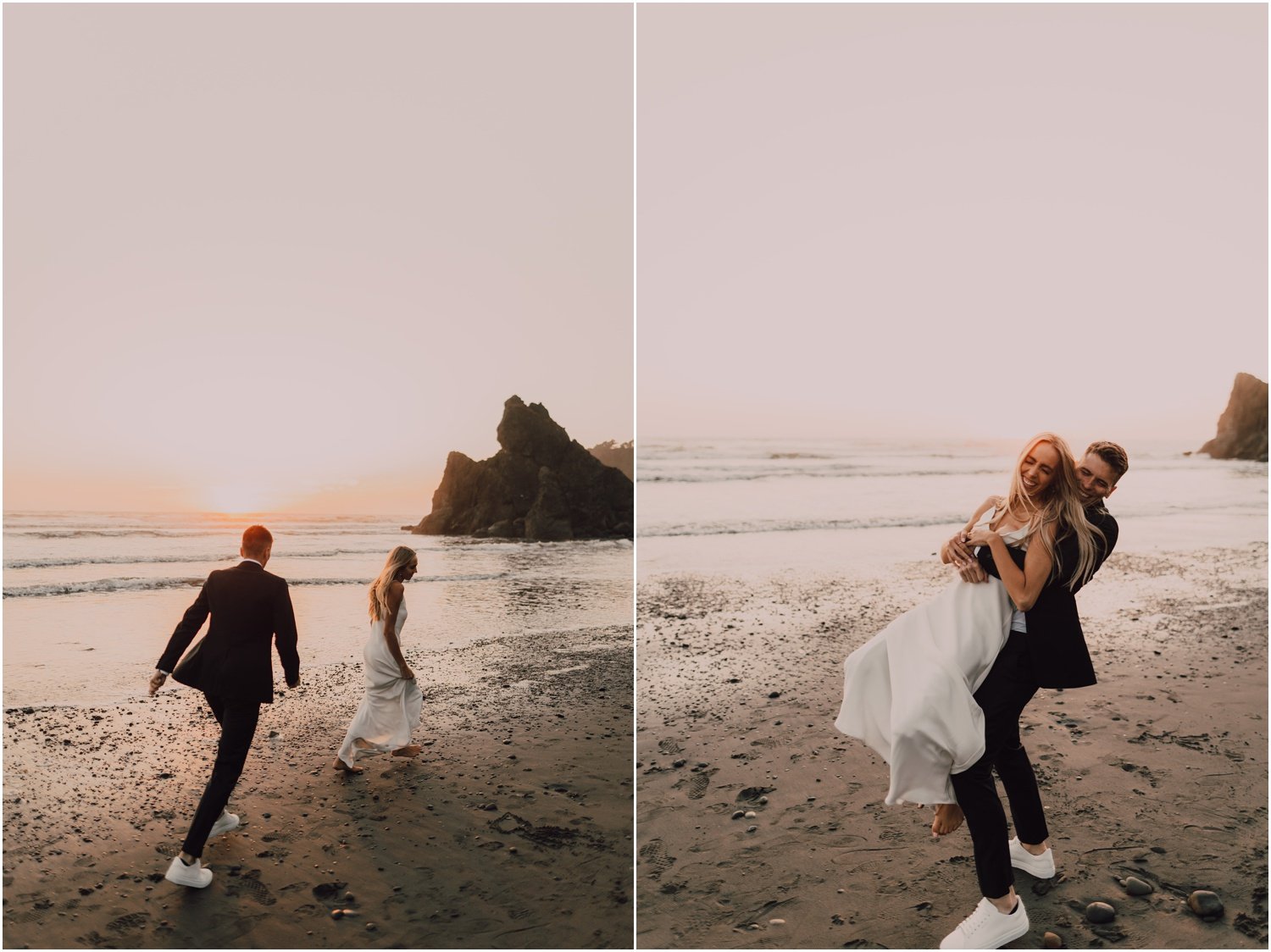 photo of married couple taking portraits for their washington coast bridal session at sunset 