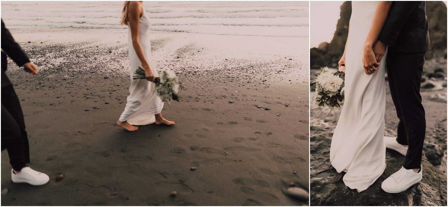 photo of married couple taking portraits and walking along the beach for their washington coast bridal session at sunset 