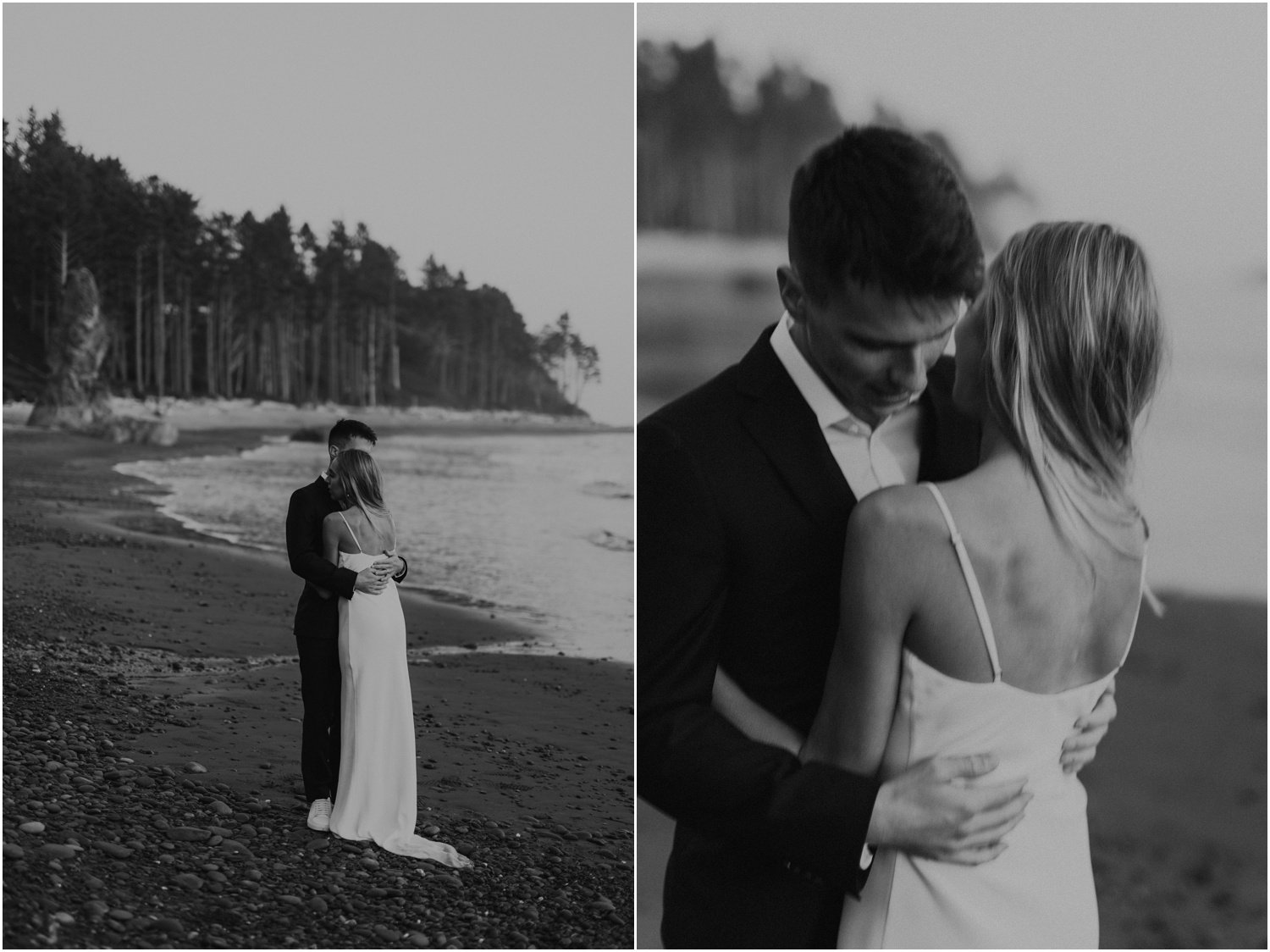 black and white photo of married couple taking portraits for their washington coast bridal session