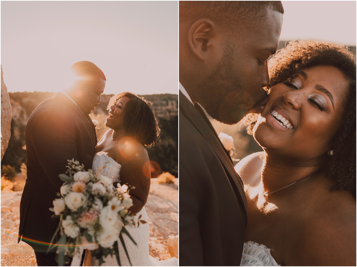 groom kissing bride on the cheek at sunset 