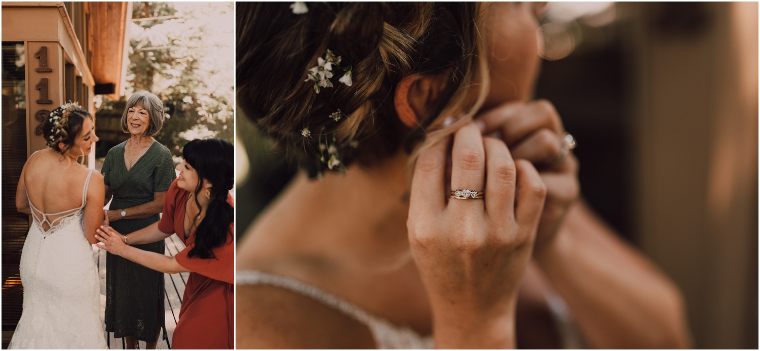 Bride putting on earrings and dress on wedding day