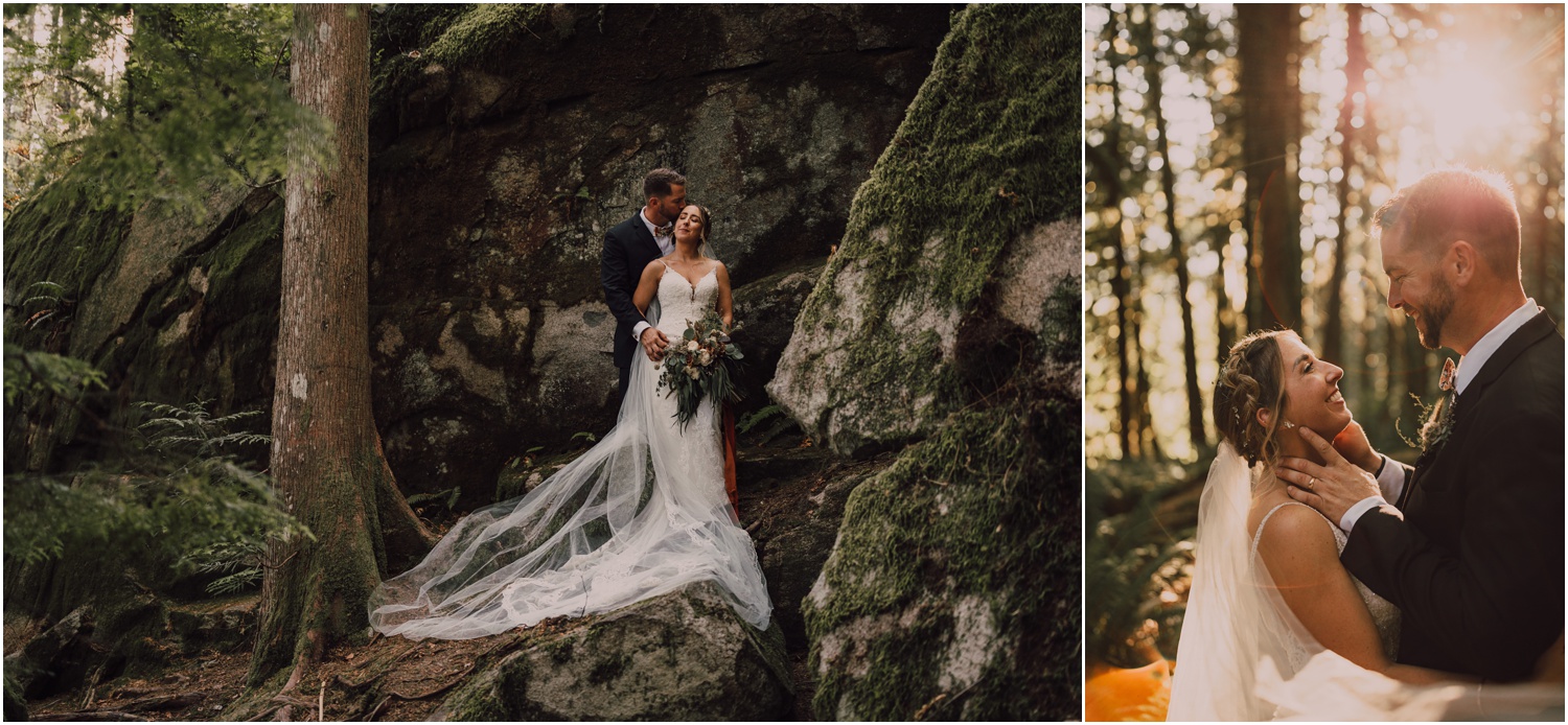 Bride and groom portraits in the forest in washington