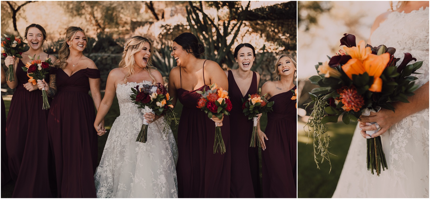 bride and bridesmaids wearing burgundy dresses