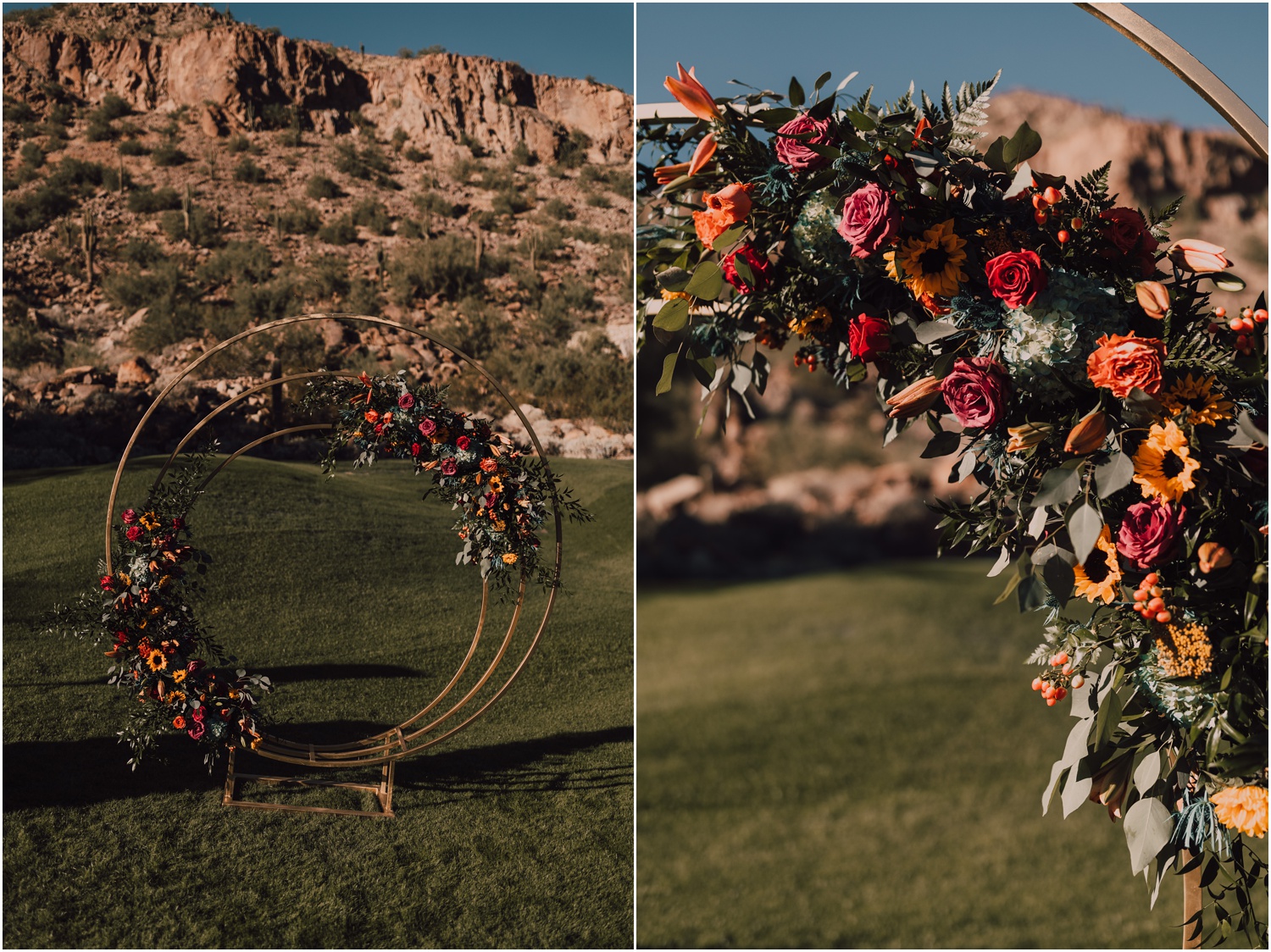 colorful floral spray on ceremony arch for a wedding at the phoenician