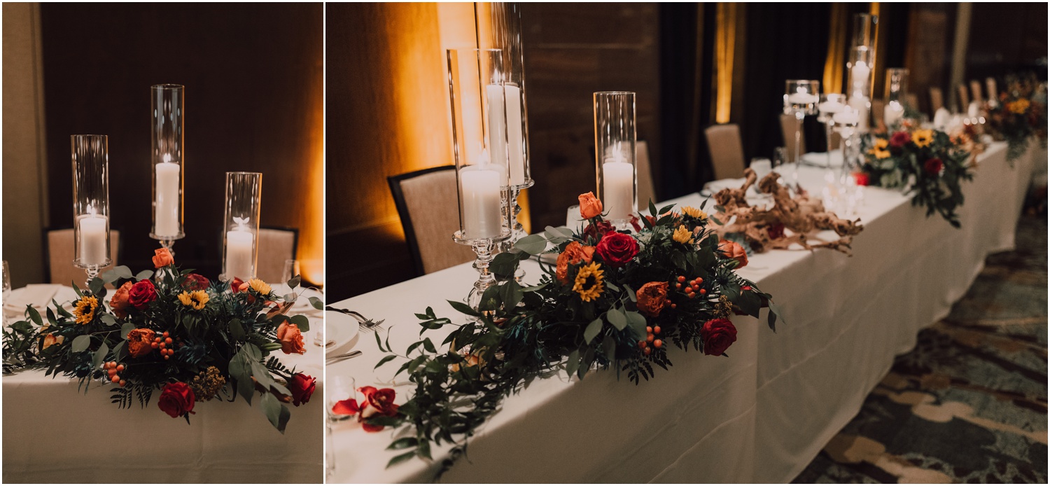 florals and candles on wedding reception sweetheart table