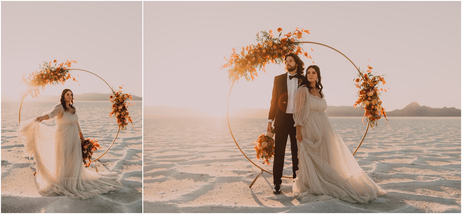 couple posing in front of gold circle arch during salt flats bridal session 