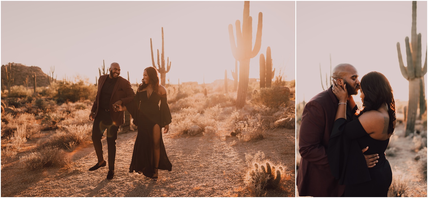 engaged couple taking portraits in the arizona desert