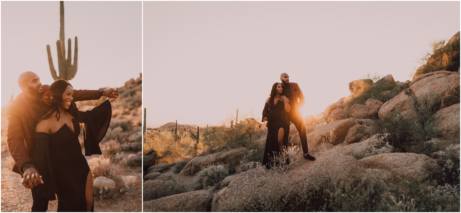 engaged couple taking portraits in the arizona desert during golden hour