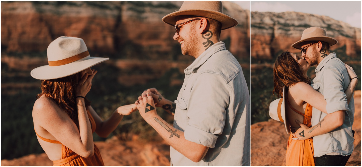 couple taking engagement photos after their surprise proposal in sedona, captured by riss + steven photography