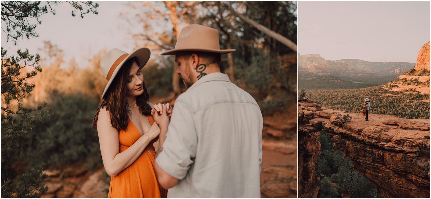 couple taking engagement photos after their surprise proposal in sedona, captured by riss + steven photography