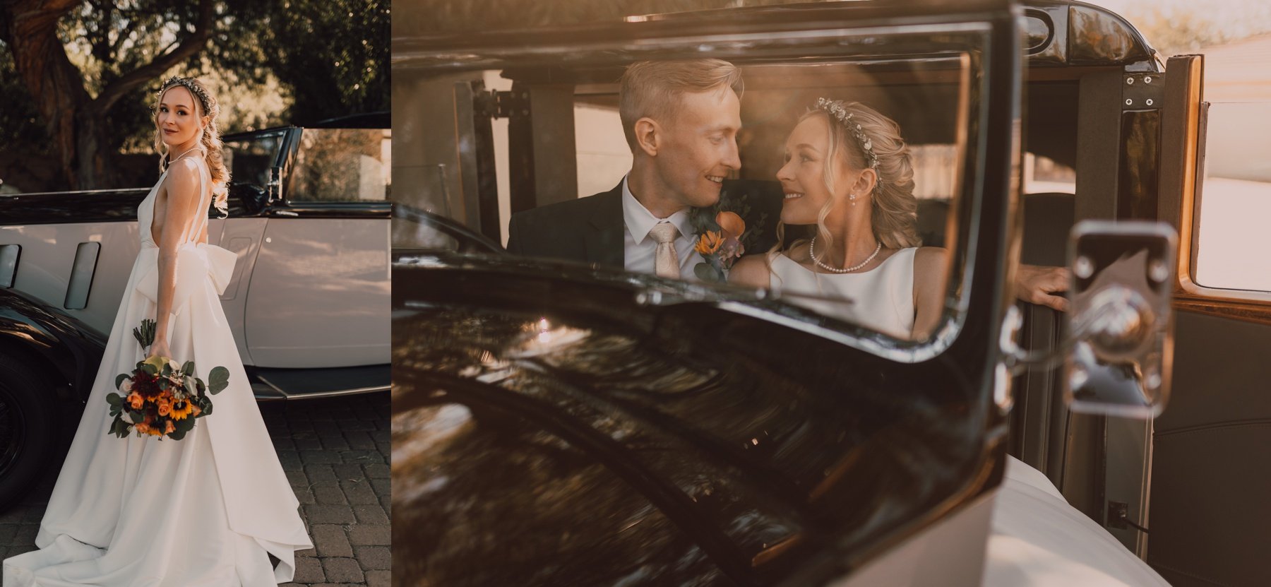 bride and groom posing with a vintage rolls royce for their paradise valley wedding in arizona