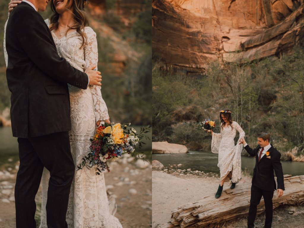 bride and groom wedding ceremony in zion national park, zion elopement