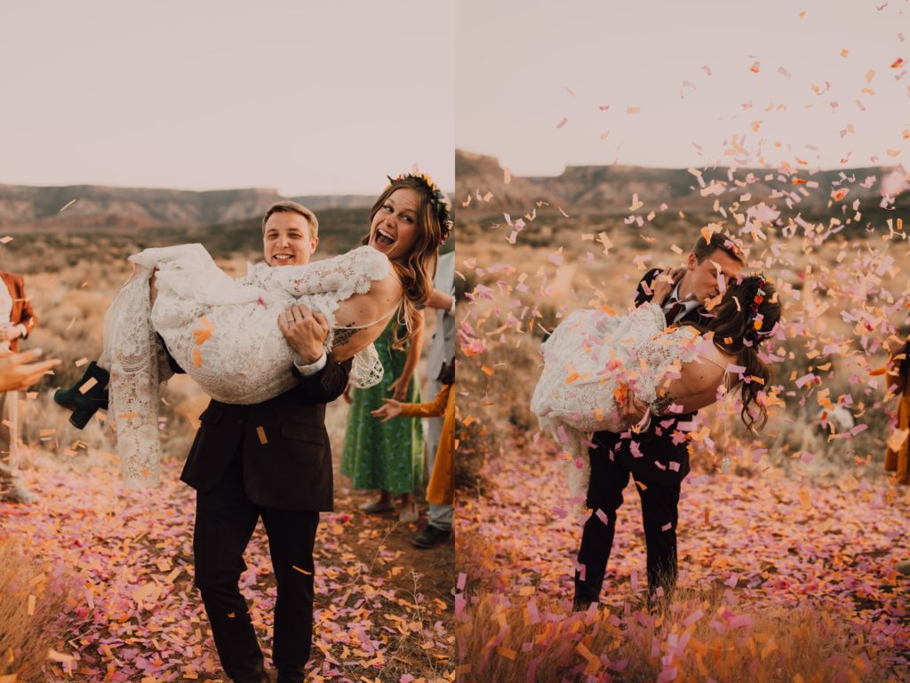 wedding ceremony confetti photos in the desert