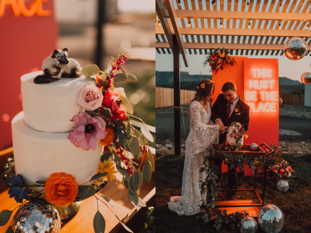 70s inspired wedding reception with disco balls and colorful cake florals