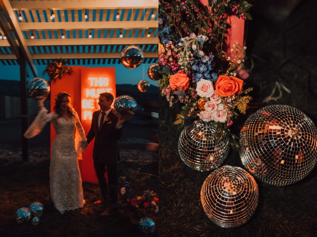 70s inspired wedding reception with disco balls and colorful florals