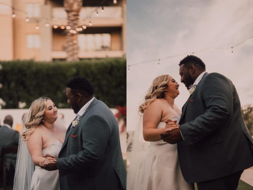 bride and groom first dance at intimate desert wedding in scottsdale, arizona, captured by Riss + Steven Photography