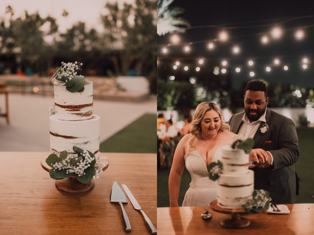 bride and groom cutting wedding cake at intimate desert wedding in scottsdale, arizona, captured by Riss + Steven Photography