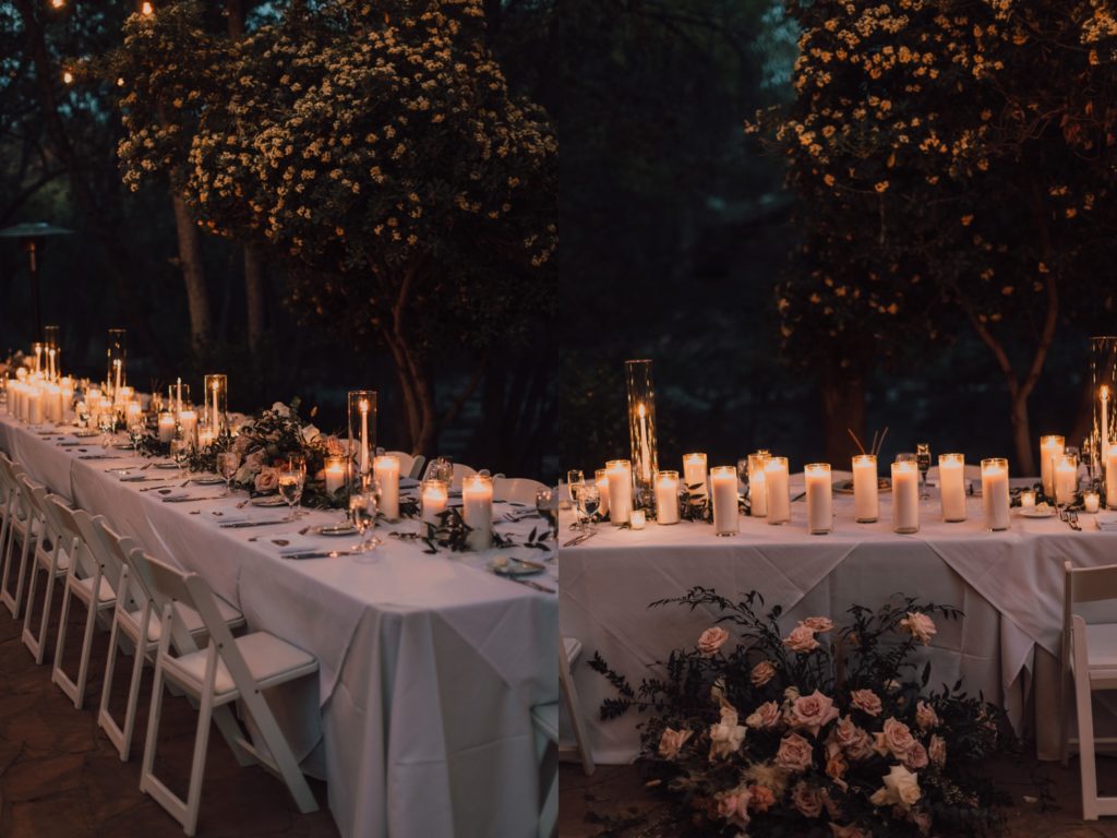 romantic reception at l'auberge with candles and florals
