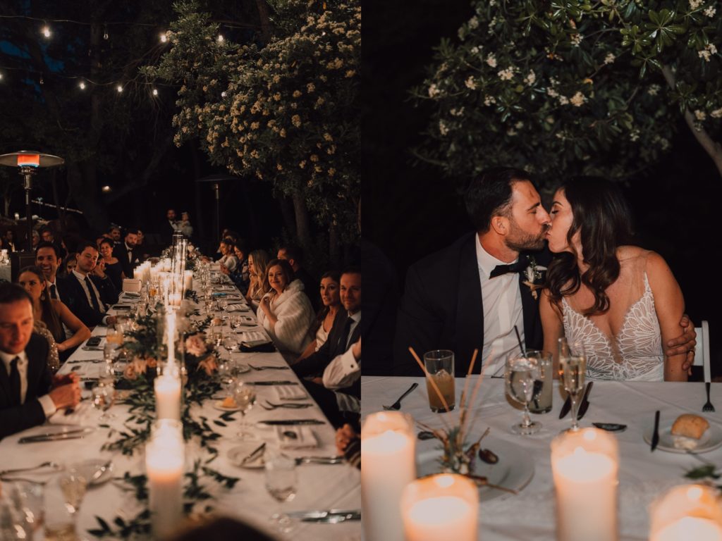 romantic reception at l'auberge with string lights and florals