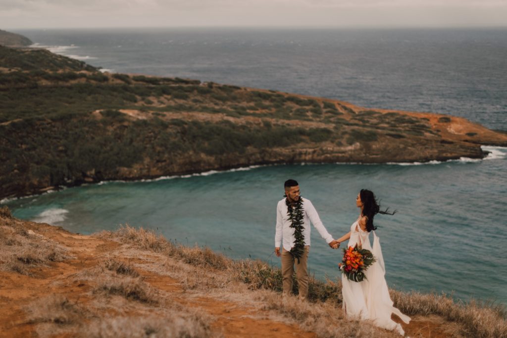 cliffside elopement on Oahu, Hawaii. Captured by Riss and Steven Photography, destination elopement photographer