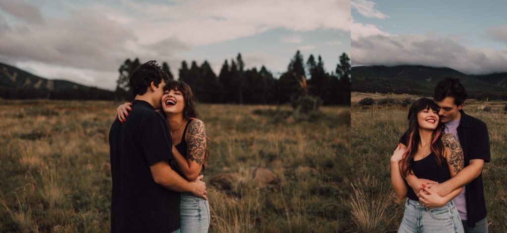 woodsy engagement session in Flagstaff, Arizona at sunset. Captured by Riss and Steven Photography - Arizona couples photographer