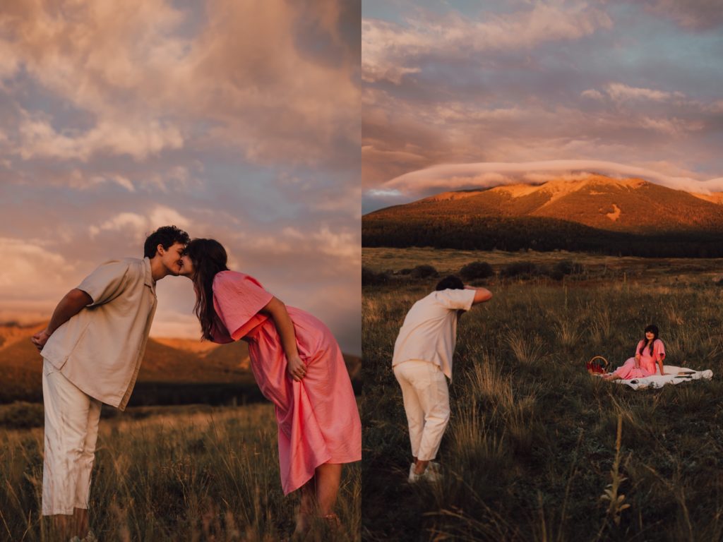 woodsy engagement session in Flagstaff, Arizona at sunset. Captured by Riss and Steven Photography - Arizona couples photographer
