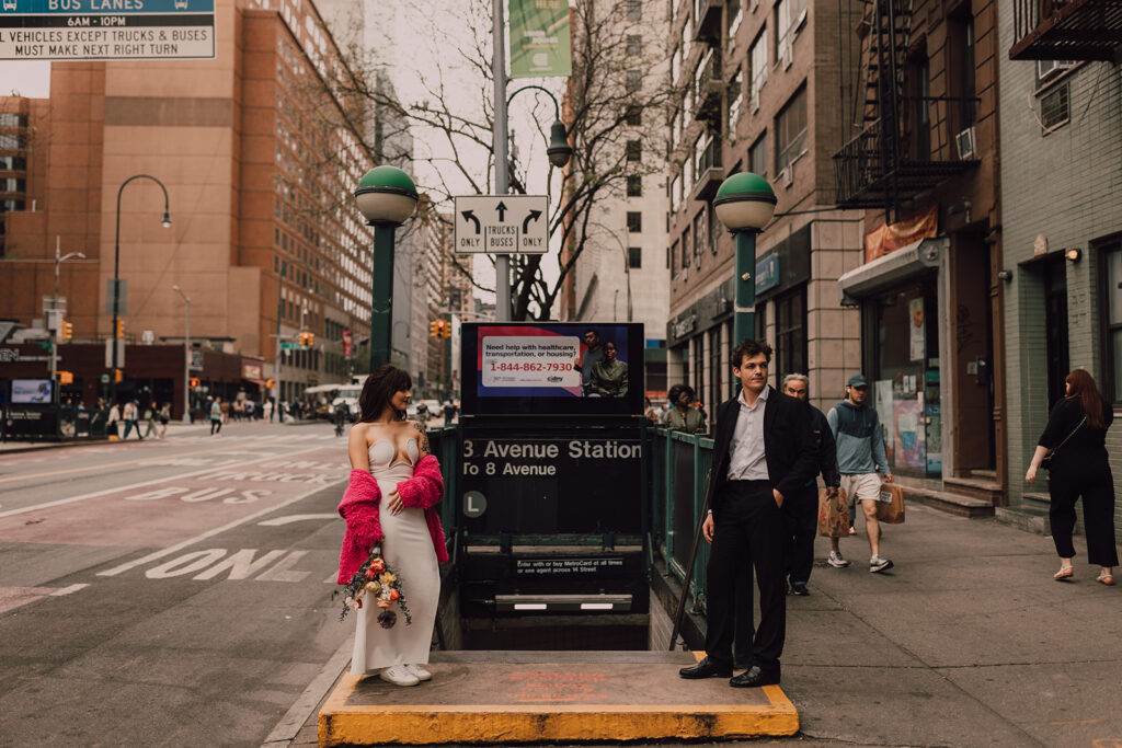 Wedding portraits at subway station in NYC